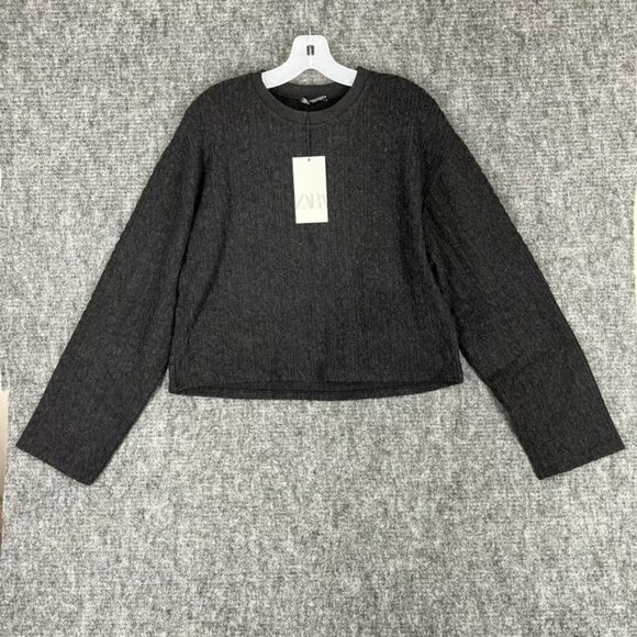 Zara Sweater Womens Medium Gray Ribbed Cropped Stretch Heavyweight Baggy - Picture 1 of 6